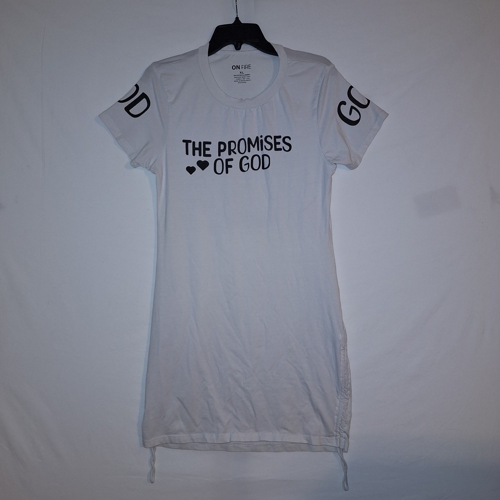 White Christian T-shirt Dress text "The Promises of God" and "GOD" printed XL